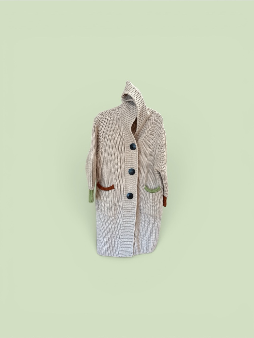 Sundance Cream Hooded Knit Toggle Coat with Brown and Green Accents